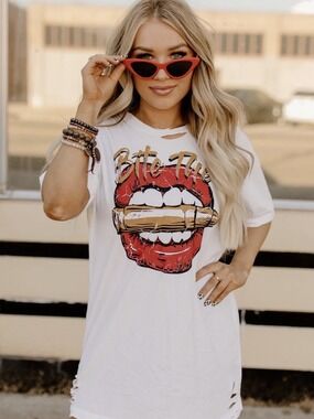 White 'Bite This' Graphic Tee Dress with Red Lip Print